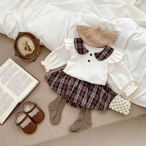 Mädchen Kleinkind Baumwolle Karo Peter-Pan-Kragen Langarm Oberteil Und Faltenrock Kleidung Herbst Preppy-Stil