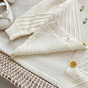Detail einer cremefarbenen Strickjacke mit handgestickten Blumen und gelben Knöpfen
