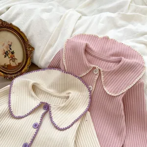 Mädchen Strickjacken-Set Langarm mit großem Peter-Pan-Kragen und Rippenstrick-Muster