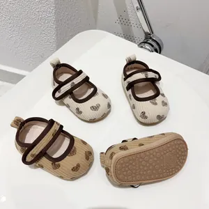 Infant corduroy Mary Jane walking shoes with heart pattern and non-slip soft rubber sole