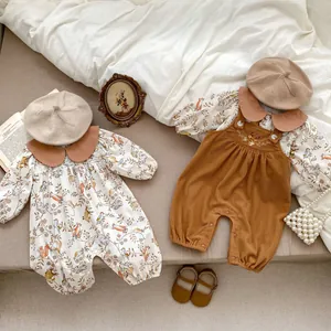 Baby Forest Animal Print Peter Pan Collar Romper And Suspender Pants Long Sleeve Cotton Infant Clothing Toddler Cottagecore Outfits
