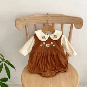 Infant corduroy romper set with floral embroidery and Peter Pan collar in vintage style