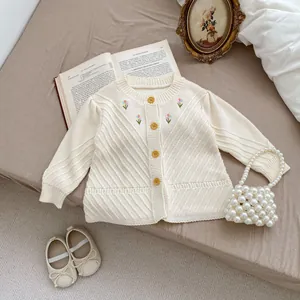 Baby Mädchen Blumenstickerei Strickjacke 100% Baumwolle Langarm Rundhals Knopfleiste Kleinkind Herbst Strickwaren