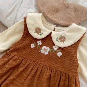 Baby girl corduroy jumper dress set with floral embroidery and Peter Pan collar sleeves
