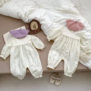 Infant Girl Floral Romper Pure Cotton Long Sleeve Jumpsuit Pastoral Style With Lace Embroidery Ruffle For Toddler Baby