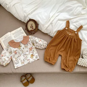 Infant forest animal print shirt with brown corduroy deer overalls set for autumn