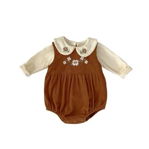 Infant corduroy overall set with floral embroidery and white long sleeve shirt
