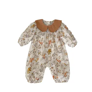 Baby long-sleeved romper with forest animal prints and stylish Peter Pan collar