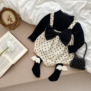 Baby Girl Sweet Polka Dot Romper Set Cotton Ribbed Long Sleeve Ruffle Top Jumpsuit Infant Fall Spring Outfit For Toddler Kids