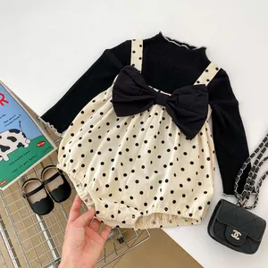 Baby girl polka dot overall romper set with black long sleeve top and large bow detail