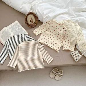 Baby Girls Cotton Long Sleeve T-Shirt With Lettuce Trim Ribbed Knit Floral Polka Dot Striped Spring Autumn Bottoming Tops