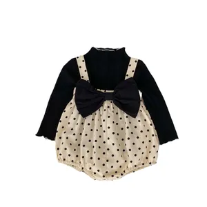 Sweet baby girl polka dot romper set with black long sleeve ribbed shirt and bow detail