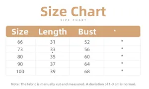 Detailed size chart for baby girl knitted vest showing measurements from size 66 to 100