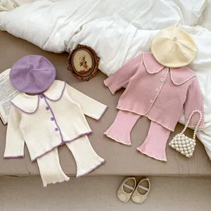 Baby Mädchen 2-Teiliges Geripptes Strick-Outfit Peter-Pan-Kragen Strickjacke Und Schlaghose Wellenkante Kleinkind Bekleidungsset