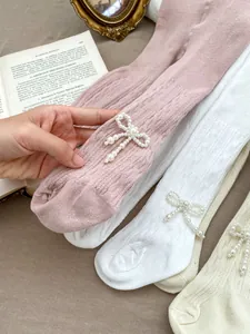 Strick-Leggings für Babys mit Perlen-Schleifen in Pink, Weiß und Cremeweiß