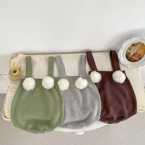 Tutina a Maglia da Neonato per Bambina Senza Maniche Con Pompon Bianchi Puro Cotone Tinta Unita Tuta a Maglia per Neonati