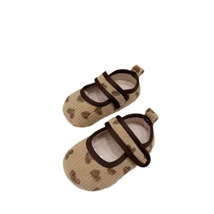 Khaki corduroy baby Mary Jane shoes with heart print and adjustable velcro straps