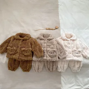 Pyjama en Polaire Sherpa pour Bébé Petit Ours Mignon Tenue d'Hiver Chaude en Peluche Veste Et Pantalon Vêtements pour Enfants