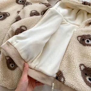Winter baby hooded romper featuring brown bear print and warm sherpa fleece lining