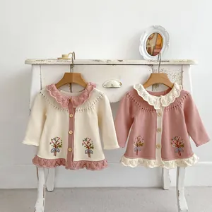 Baby Mädchen Retro Baumwolle Strickjacke Pullover Mit Blumenstickerei Rüschenrevers Langarm Frühling Herbst Oberbekleidung