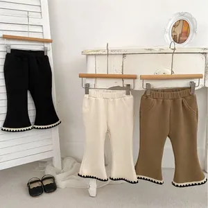 Girls Ribbed Knit Flare Pants Fleece Lined Warm Winter Leggings With Scalloped Edge Elastic Waist Solid Color Kids Clothing