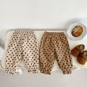Toddler Kids Corduroy Polka Dot Fleece Lined Pants Warm Winter Casual Trousers For Boys Girls Ruffle Hem Elastic Waist