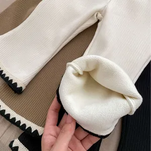 Girls winter fleece-lined ribbed flare pants with lace trim in white, brown, and black