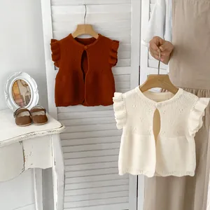 Baby Girls 100% Cotton Knit Ruffle Flutter Sleeve Vest Cardigan Sleeveless Round Neck Pointelle Heart Knitwear Top