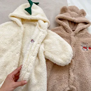 Cute cartoon hooded baby rompers in cream and brown soft fleece for winter warmth