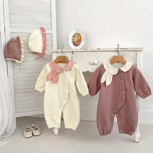Barboteuse d'Hiver Épaisse en Velours Avec Chapeau Combinaison Manches Longues Doublée Polaire Nervurée Vêtements Chauds Bébé