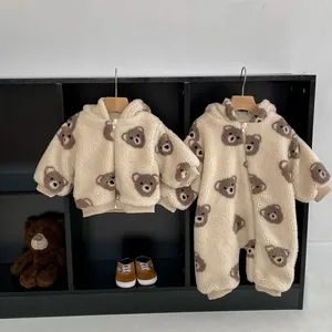 Winter infant sherpa fleece romper and jacket set with cute cartoon bear prints