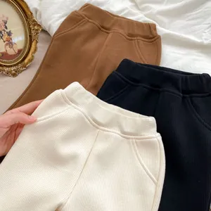 Toddler girls winter fleece lined ribbed flare pants in brown black and cream white