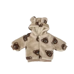 Cute beige bear print baby hooded fleece romper with 3D ears and warm lining