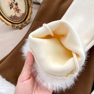 Winter girls thick fleece lined white ribbed flare pants with fluffy faux fur trim