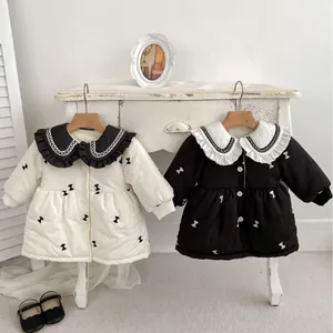 Baby Girls Winter Padded Jacket Vintage Bow Embroidery Thickened Fleece Cotton Coat Flower Lapel Single Breasted Warm Outerwear