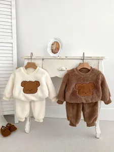 Baby Winter Warm Fleece Clothing Set Cute Bear Embroidered Long Sleeve Top And Pants Infant Toddler Thickened Thermal Outfit