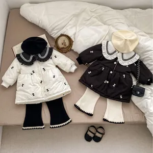 Winter quilted coat set for toddler girls with floral lace collar and bow embroidery