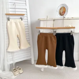Girls Winter Fleece Flared Pants Solid Ribbed Knit Trousers With Faux Fur Trim Warm Thickened Leggings For Toddler Kids
