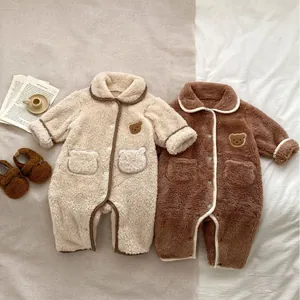 Tutina Neonato in Pile Sherpa con Tasche Orecchie d'Orso e Ricamo Orsetto Tuta Spessa e Calda a Maniche Lunghe