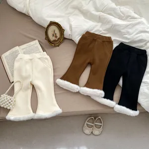 Winter flared pants for girls with plush trim in white, brown and black colors