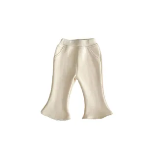 Winter fleece-lined flared pants for girls in creamy white ribbed knit fabric