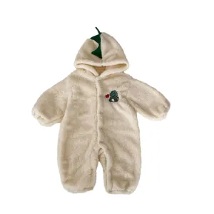 Cute off-white hooded baby dinosaur romper in soft flannel for autumn and winter warmth