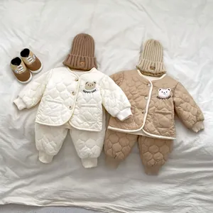 Winter infant quilted clothing set with cute bear embroidery and matching knitted hats