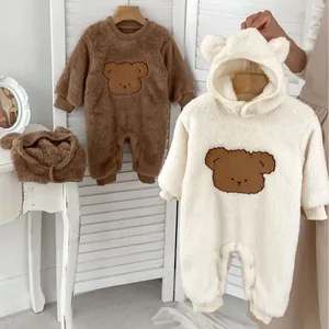 Baby Winter Warm Fleece Romper With Bear Ears Hooded Thick Jumpsuit Cute Animal Pattern Bodysuit For Newborn Infant Toddler
