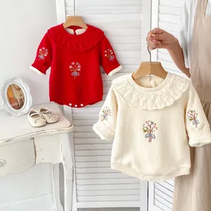 Barboteuse en Tricot Doublée de Polaire d'Hiver pour Bébé Fille Broderie Florale Col en Dentelle Manches Longues Vêtements Chauds