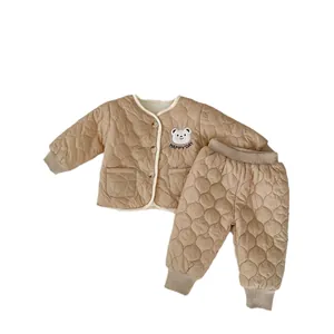 Quilted toddler winter thermal set with cute bear embroidery and button-up jacket