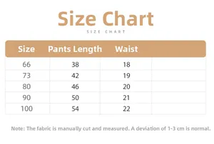 Size chart for toddler waffle knit pants with length and waist measurements from size 66 to 100