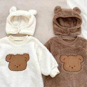 Plush baby fleece sweatshirt and bear ear hat set in cream and brown colors