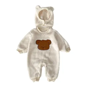 Fleece baby bear onesie set with matching hat in off-white plush fabric for winter