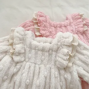 Winter fleece baby girls loungewear set with elegant lace embroidery ruffles